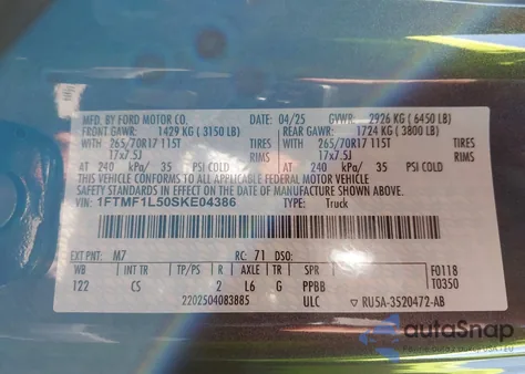 2025 Ford F-150 Xl z USA, uszkodzony, nr VIN 1FTMF1L50SKE04386